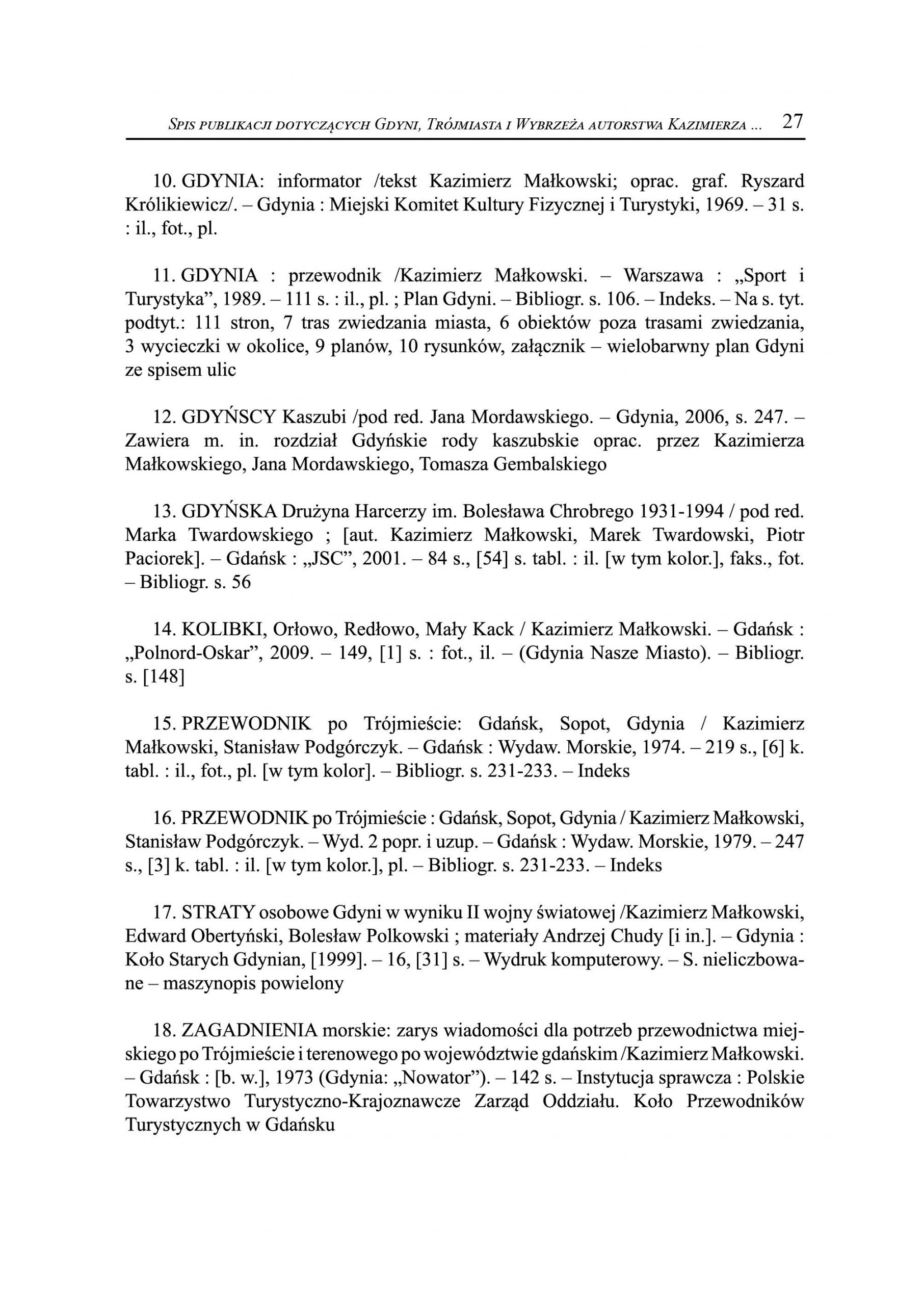 Spis publikacji dotyczących Gdyni, Trójmiasta i Wybrzeża autorstwa Kazimierza Małkowskiego
