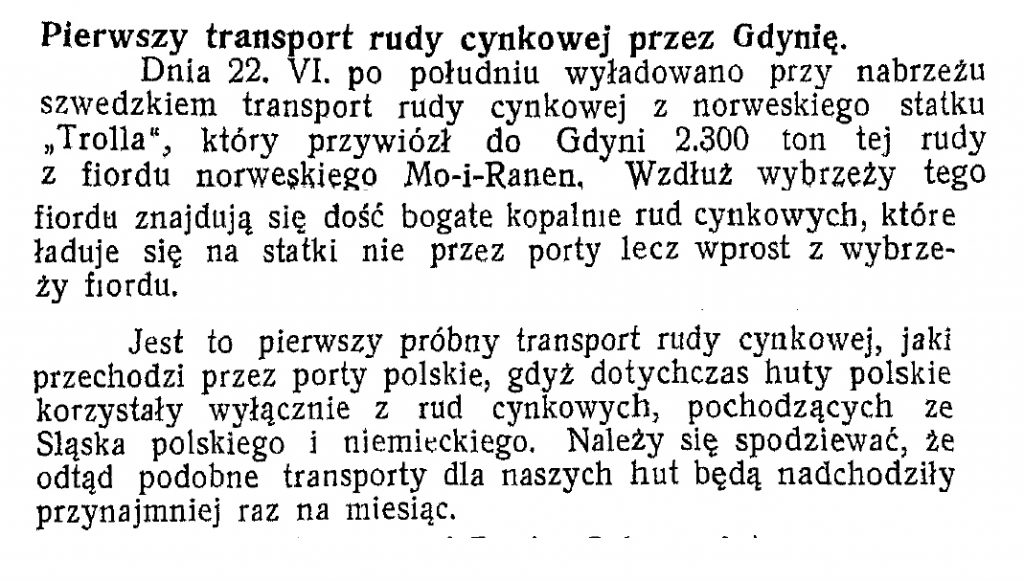 Pierwszy transport rudy cynkowe przez Gdynię