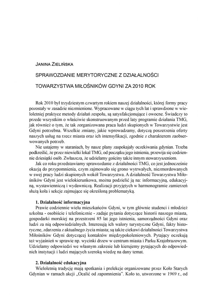 Sprawozdanie merytoryczne z działalności Towarzystwa Miłośników Gdyni za 2010 rok 