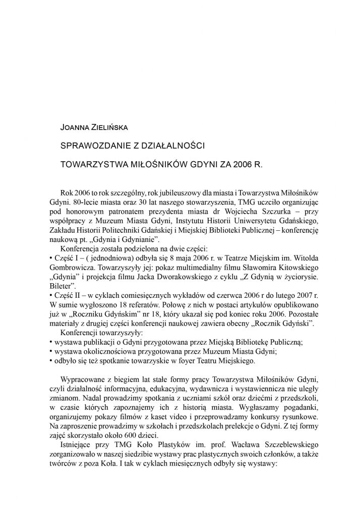 Sprawozdanie z działalności Towarzystwa Miłośników Gdyni z 2006 roku