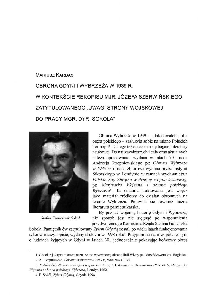 Obrona Gdyni i wybrzeża w 1939 r. w kontekście rękopisu mjr. Józefa Szerwińskiego zatytułowanego "Uwagi strony wojskowej do pracy mgr. dyr. Sokoła"