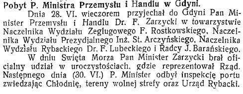 Pobyt P. Ministra Przemysłu i Handlu w Gdyni
