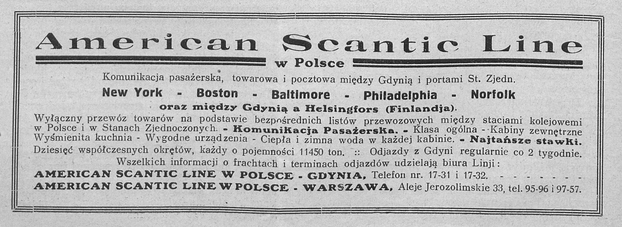 American Scantic Line w Polsce Komunikacja pasażerska towarowa i pocztowa między Gdynią i portami St. Zjedn.