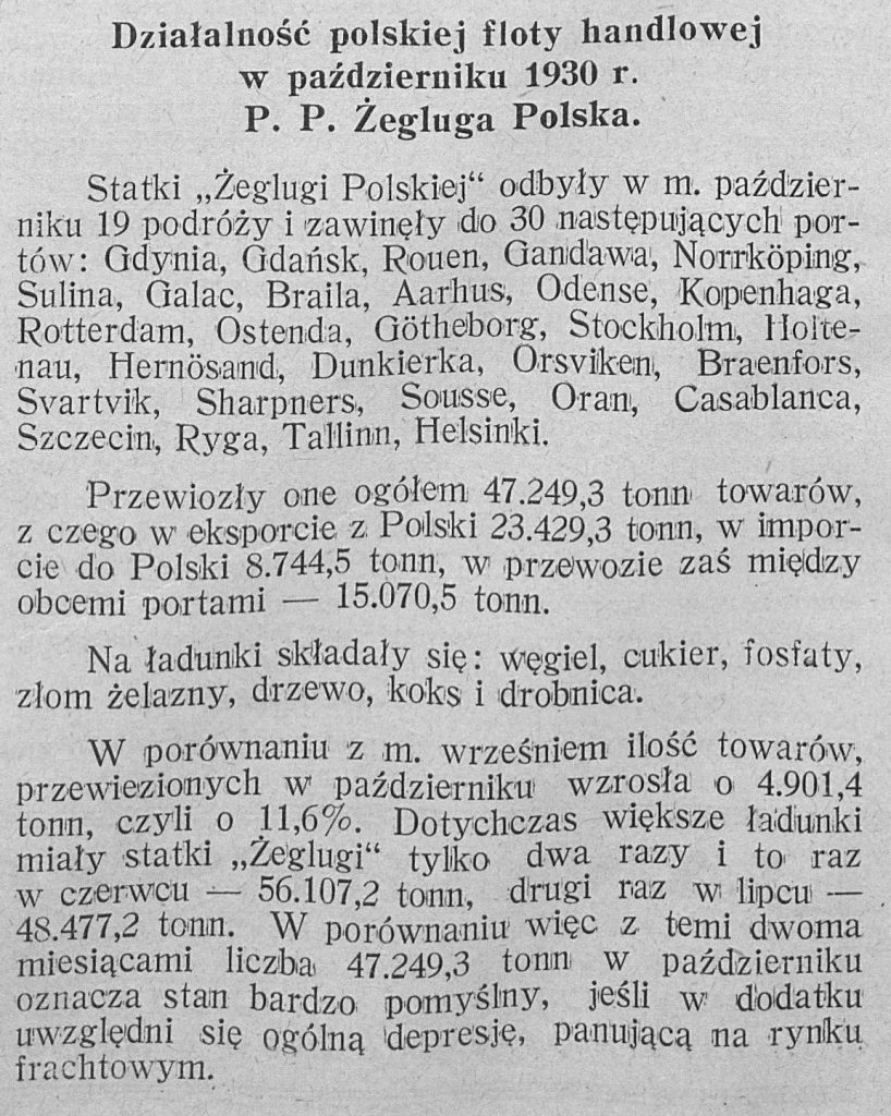 Działalność polskiej floty handlowej w październiku 1930 r. P. P. Żegluga Polska