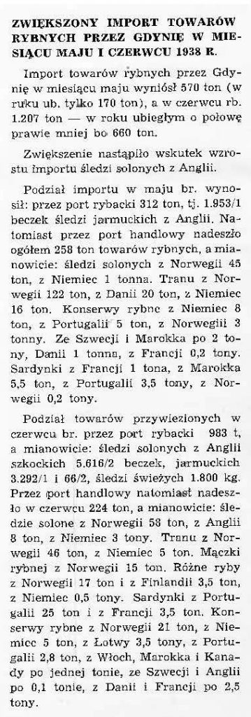 Zwiększony import towarów rybnych przez Gdynię w miesiącu maju i czerwcu 1938 r.