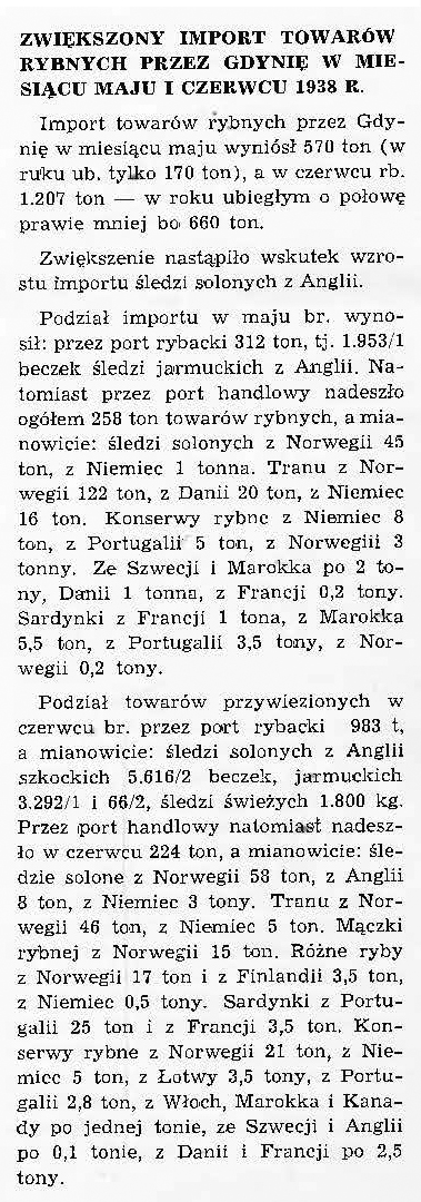 Zwiększony import towarów rybnych przez Gdynię w miesiącu maju i czerwcu 1938 r.