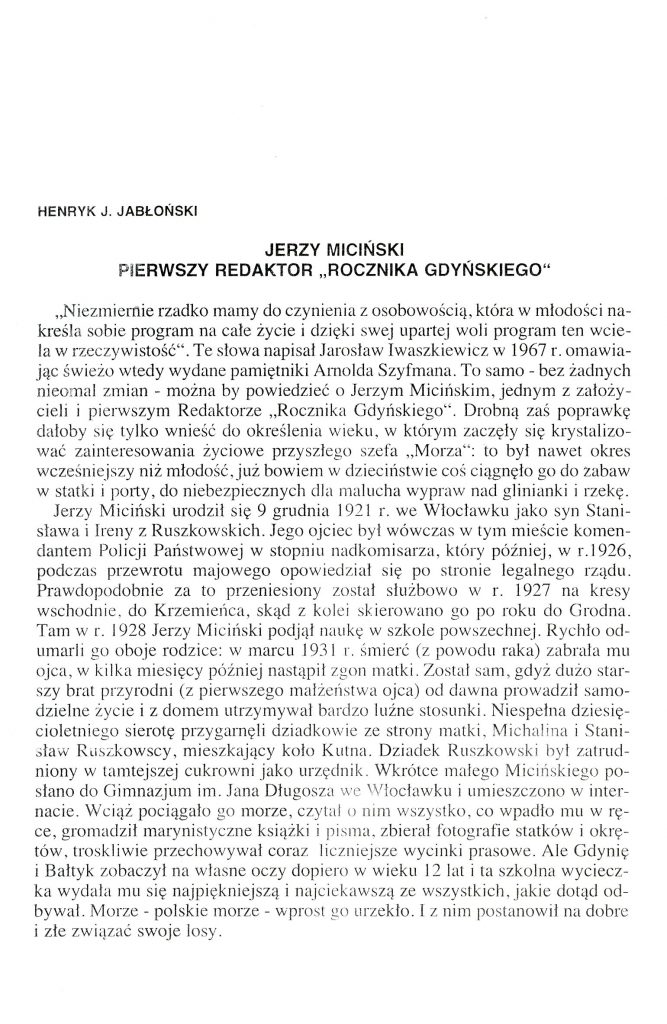 Jerzy Miciński pierwszy redaktor "Rocznika Gdyńskiego" 