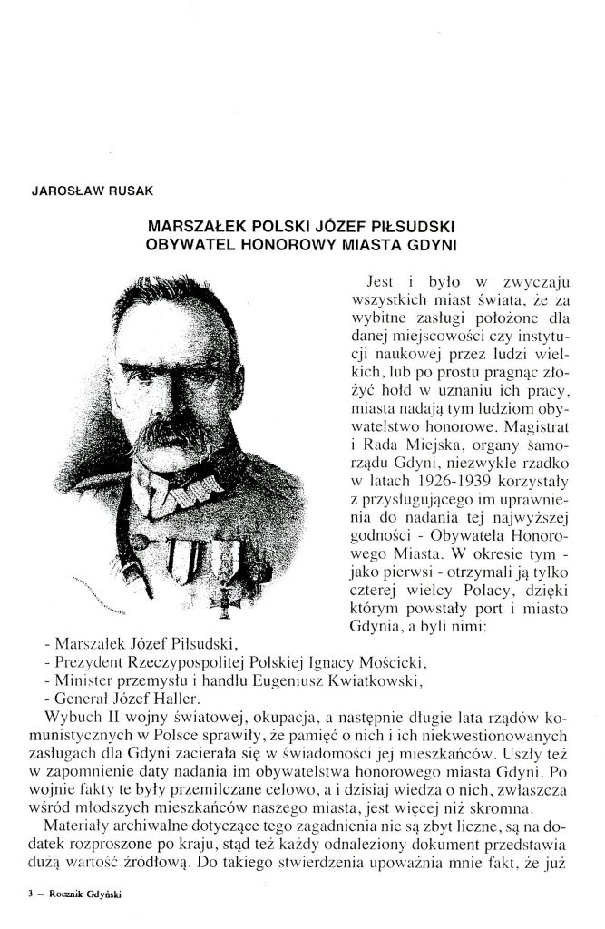 Marszałek Polski Józef Piłsudski Obywatel Honorowy Miasta Gdyni