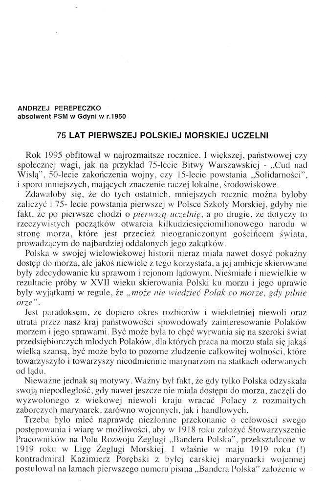 [Siedemdziesiąt pięć] 75 lat pierwszej polskiej morskiej uczelni