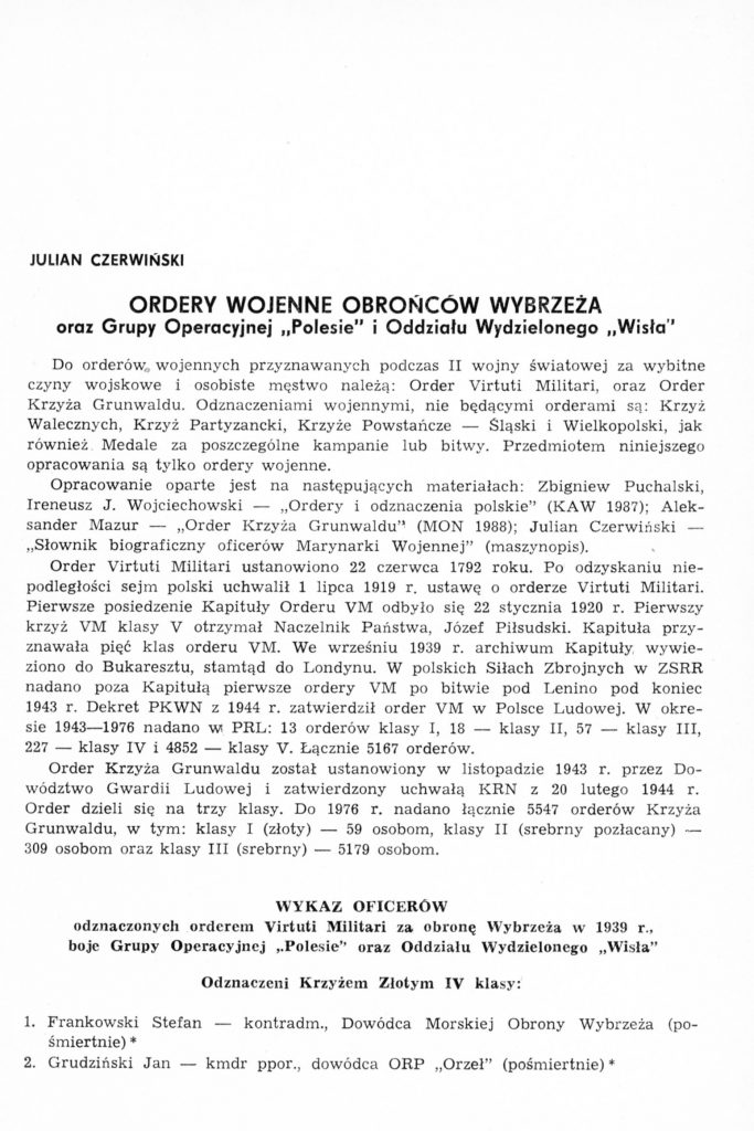 Ordery wojenne obrońców Wybrzeża oraz Grupy Operacyjnej "Polesie" i "Oddziału Wydzielonego "Wisła"