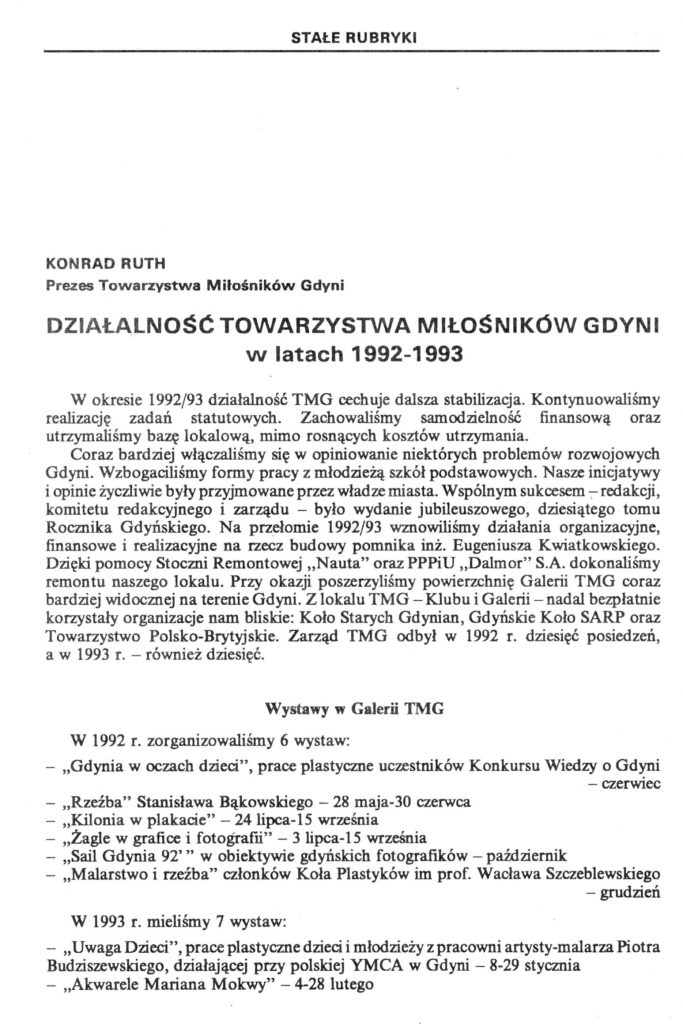 Działalność Towarzystwa Miłośników Gdyni w latach 1992-1993