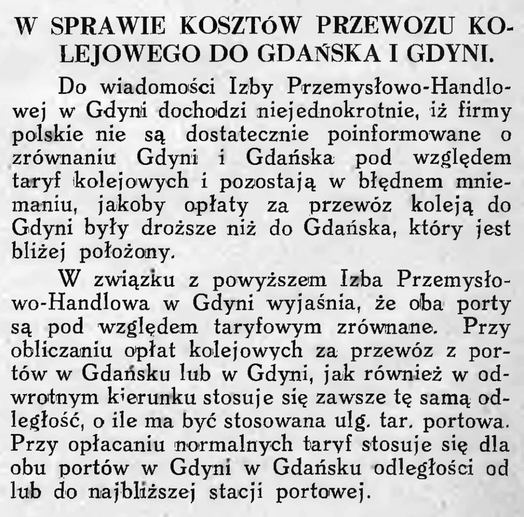 W sprawie kosztów przewozu kolejowego do Gdańska i Gdyni