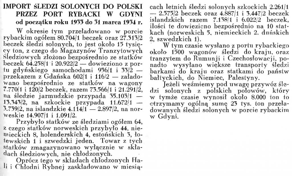 Import śledzi solonych do Polski przez port rybacki w Gdyni od początku roku 1933 do 31 marca 1934 r.