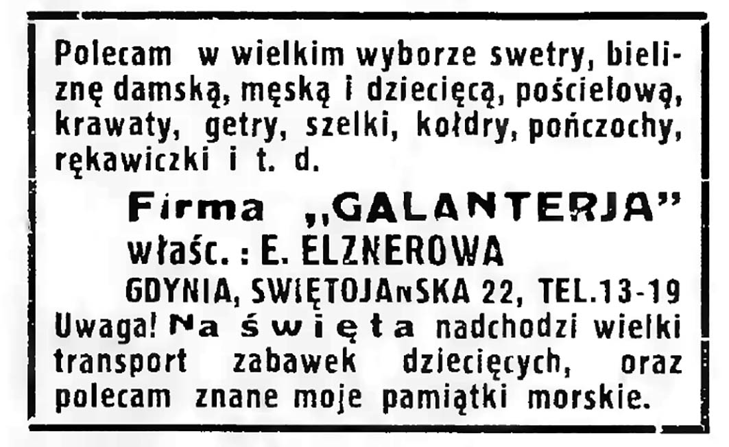 Firma GALANTERIA właść. E. ELZNEROWA Gdynia, ul. Świętojańska 22