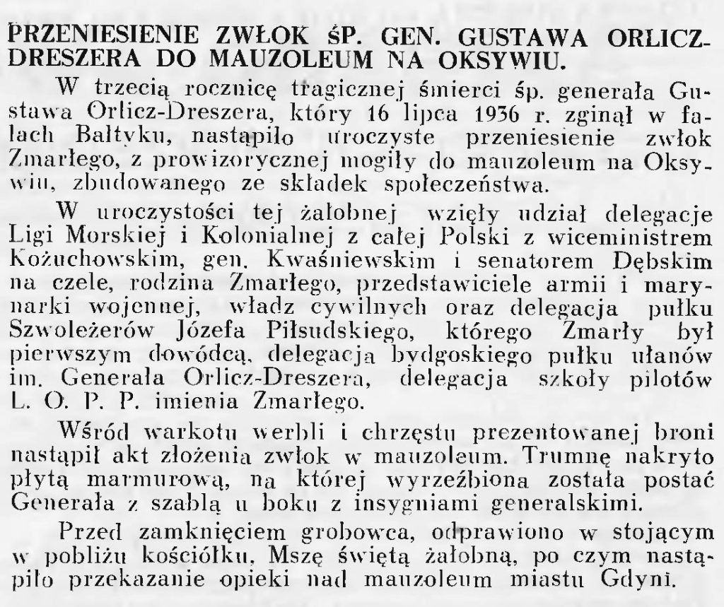 Przeniesienie zwłok śp. gen. Gustawa Orlicz-Dreszera do Mauzoleum na Oksywiu