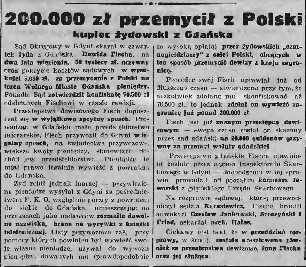 200.000 zł przemycił zA Polski kupiec żydowski z Gdańska