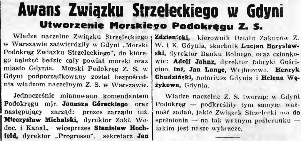 Awans Związku Strzeleckiego w Gdyni. Utworzenie Morskiego Podokręgu Z. S.