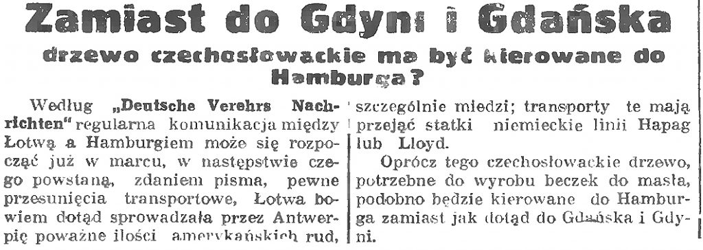 Zamiast do Gdyni i Gdańska drzewo czechoslowackie ma być kierowane do hamburga