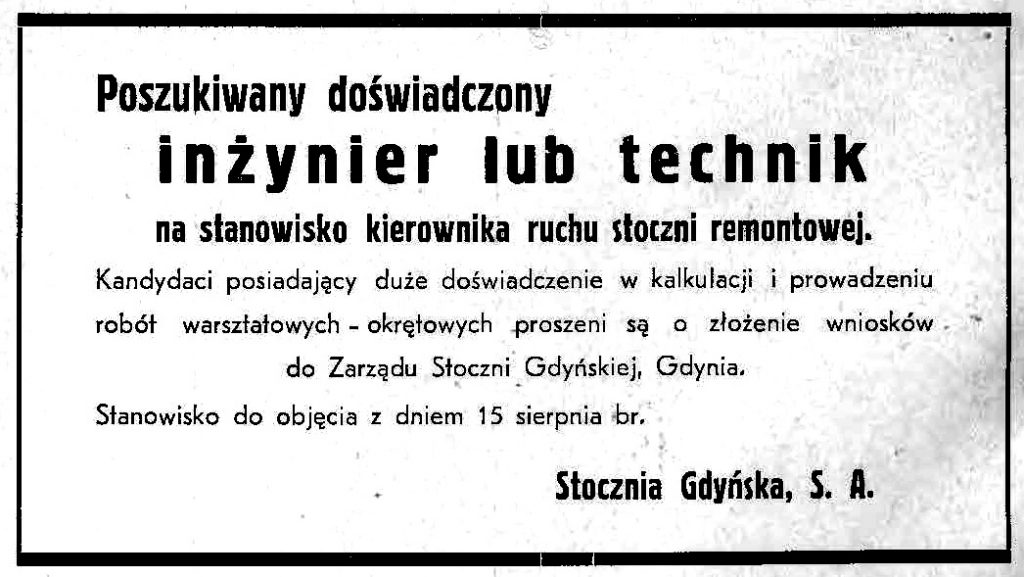 HASŁO DNIA Poszukiwany doświadczony inżynier lub technik na stanowisko kierownika ruchu stoczni remontowej Stocznia Gdynia S. A.