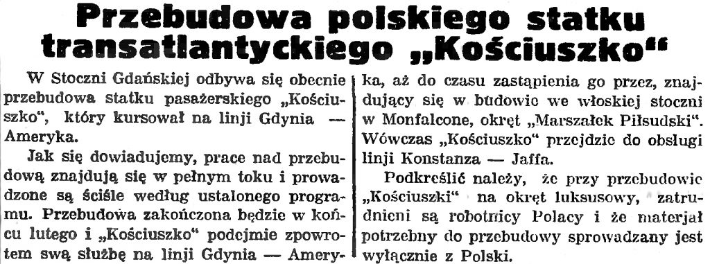 Przebudowa polskiego statku transatlantyckiego Kościuszko