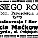 Dosiego Roku stałym Bywalcom, Przyjaciołom i Znajomym życzy Restauracja i Bar Bracia Maćkowscy, ul. Świętojańska