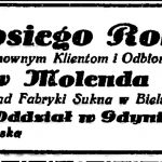 Dosiego Roku życzy Szanownym Klientom i Odbiorcom firma Gustaw Molenda i Syn Skład Fabryki Sukna w Bielsku Oddział w Gdyni