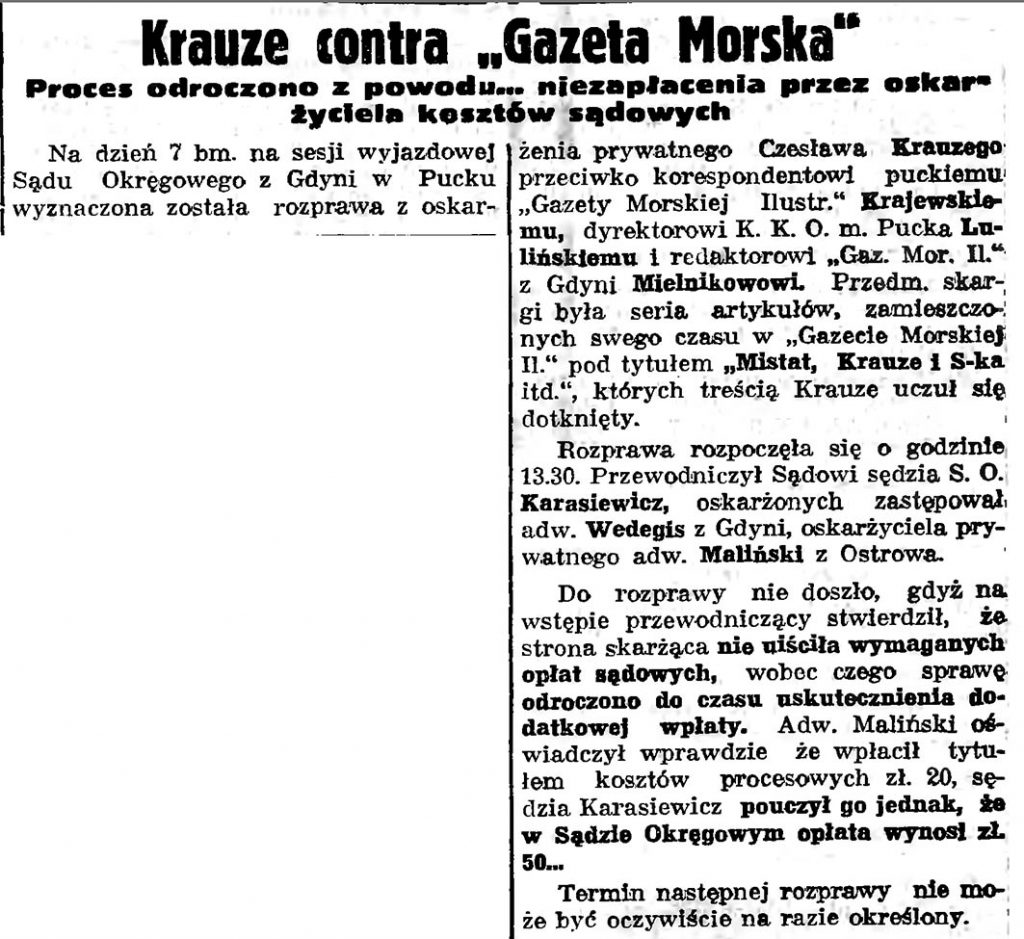 Krauze contra Gazeta Morska. Proces odroczono z powodu ... niezapłacenia przez oskarżyciela kosztów sądowych s14