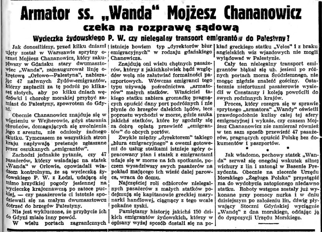 Armator ss. "Wanda" Mojżesz Chananowicz czeka na rozprawę sądową. Wycieczka żydowskiego P.W. czy nielegalny transport emigrantów do Palestyny?