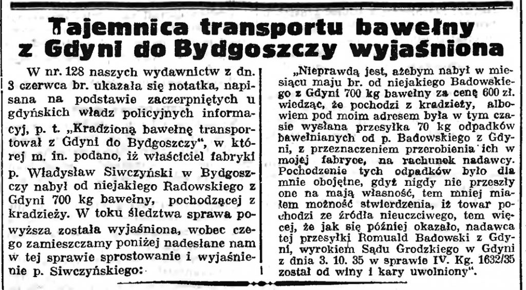 Tajemnica transportu bawełny z Gdyni do Bydgoszczy wyjaśniona