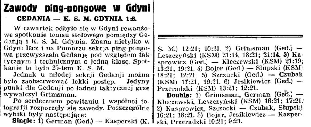 Zawody ping-pongowe w Gdyni GEDANIA - K. S. M. Gdynia 1:8
