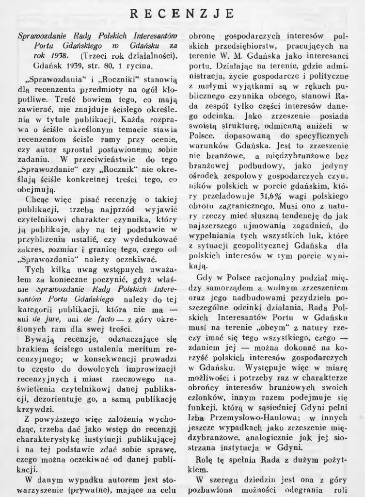 Sprawozdanie Rady Polskich Interesantów Portu Gdyńskiego za rok 1938