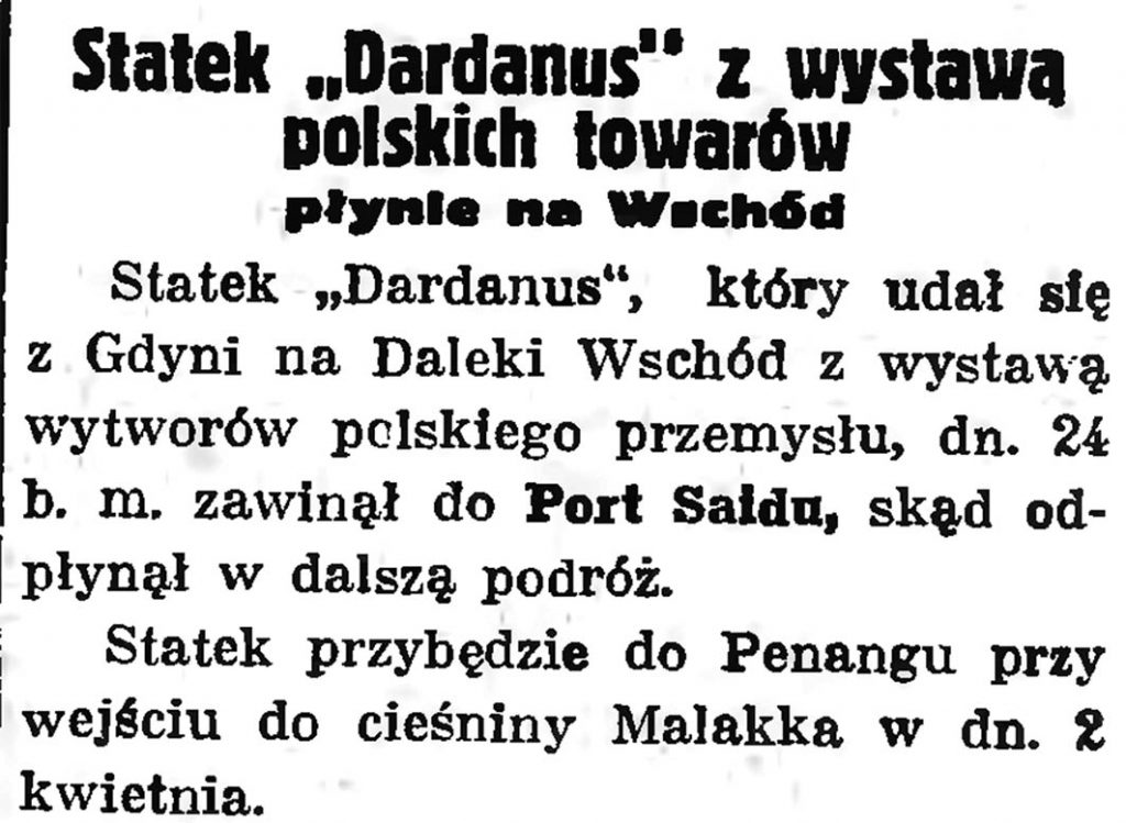 Statek "Dardanus" z wystawą polskich towarów płynie na wschód 