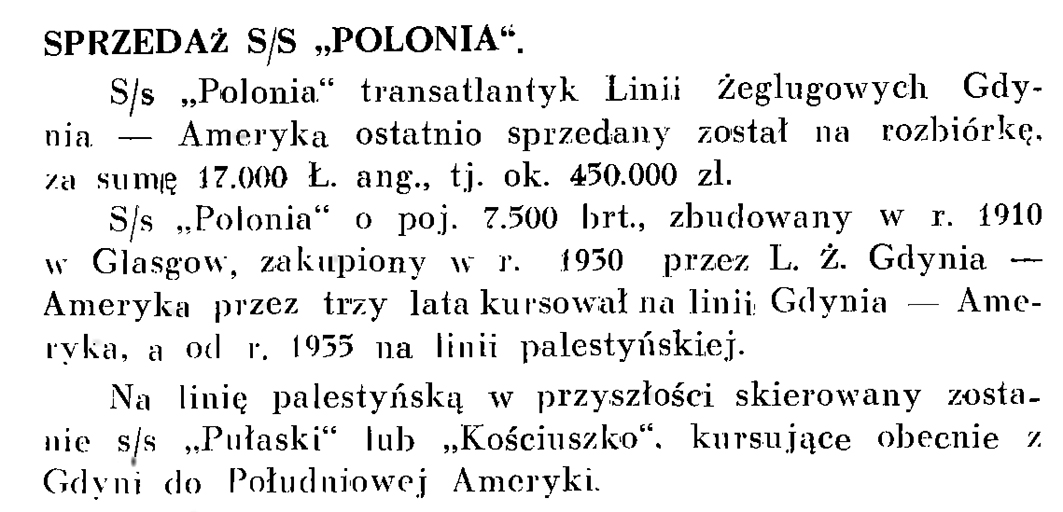 Sprzedaż s/s "Polonia"