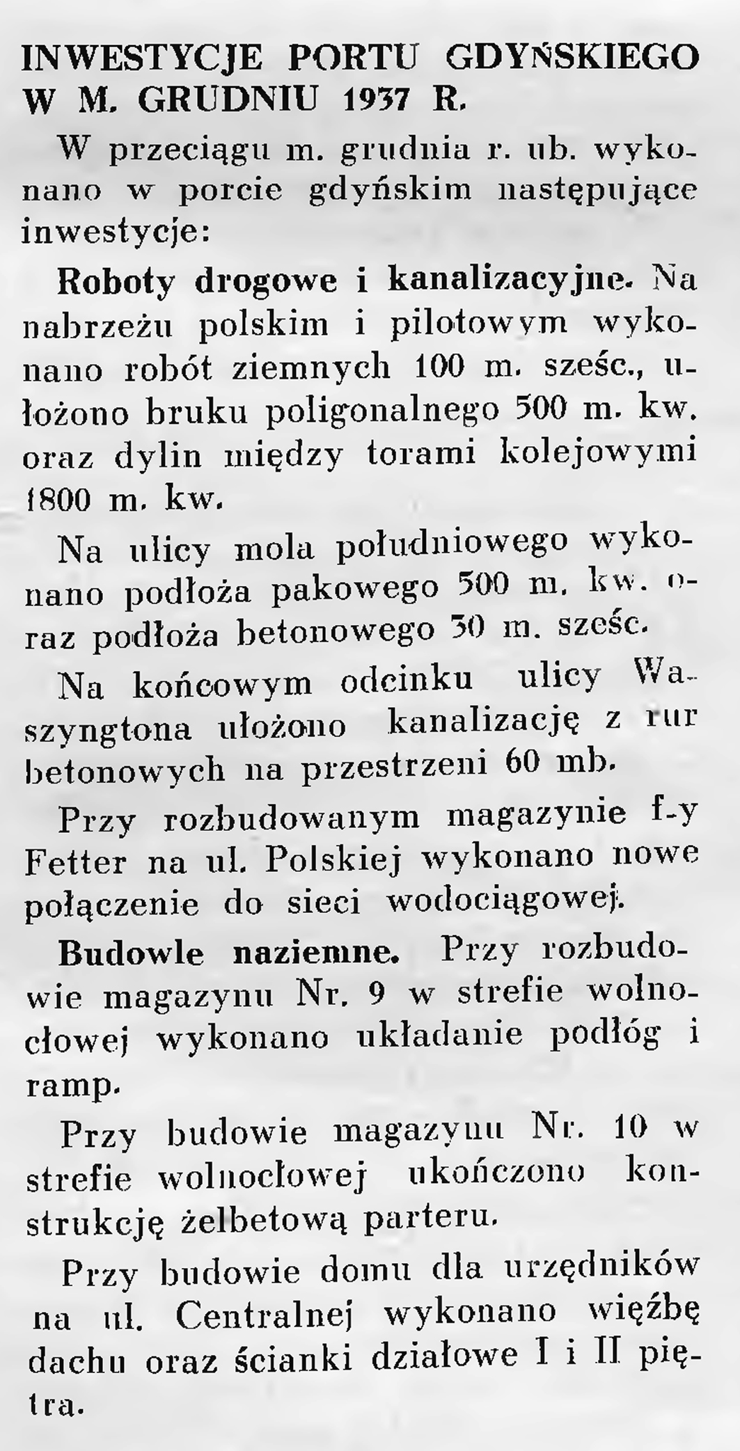 Inwestycje portu gdyńskiego w m. grudniu 1937 r.