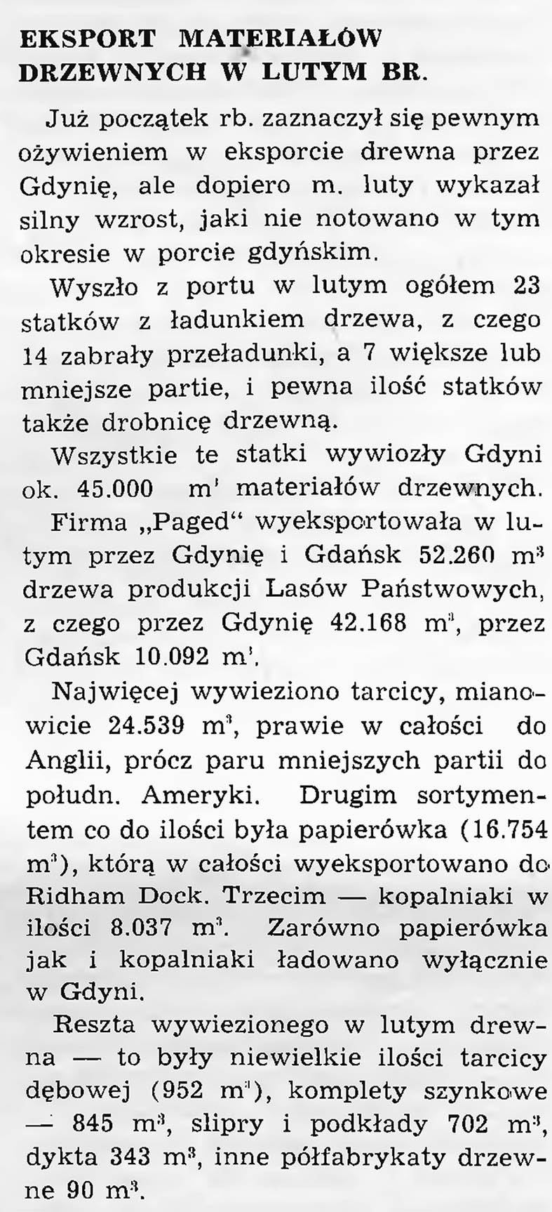 Eksport materiałów drzewnych  w lutym br. [1938]