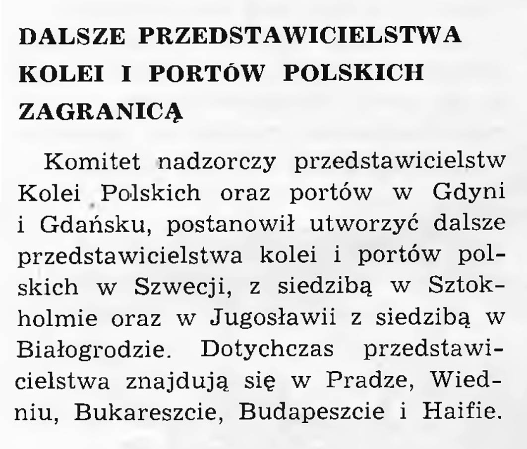 Dalsze przedstawicielstwa kolei i portów polskich zagranicą