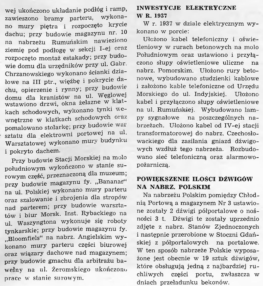 Inwestycje portu gdyńskiego za miesiąc styczeń 1938 r.