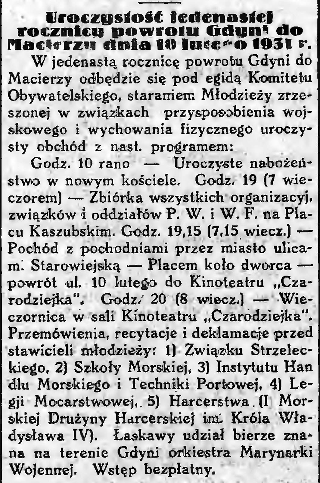 Uroczystość jedenastej rocznicy powrotu Gdyni do Macierzy dnia 10 Lutego 1931 r.