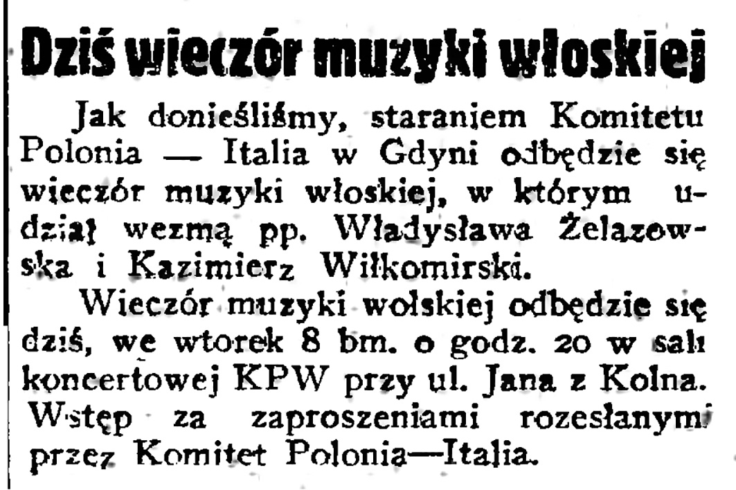 Dziś wieczór muzyki włoskiej // Gazeta Gdańska. - 1938, nr 25, 
