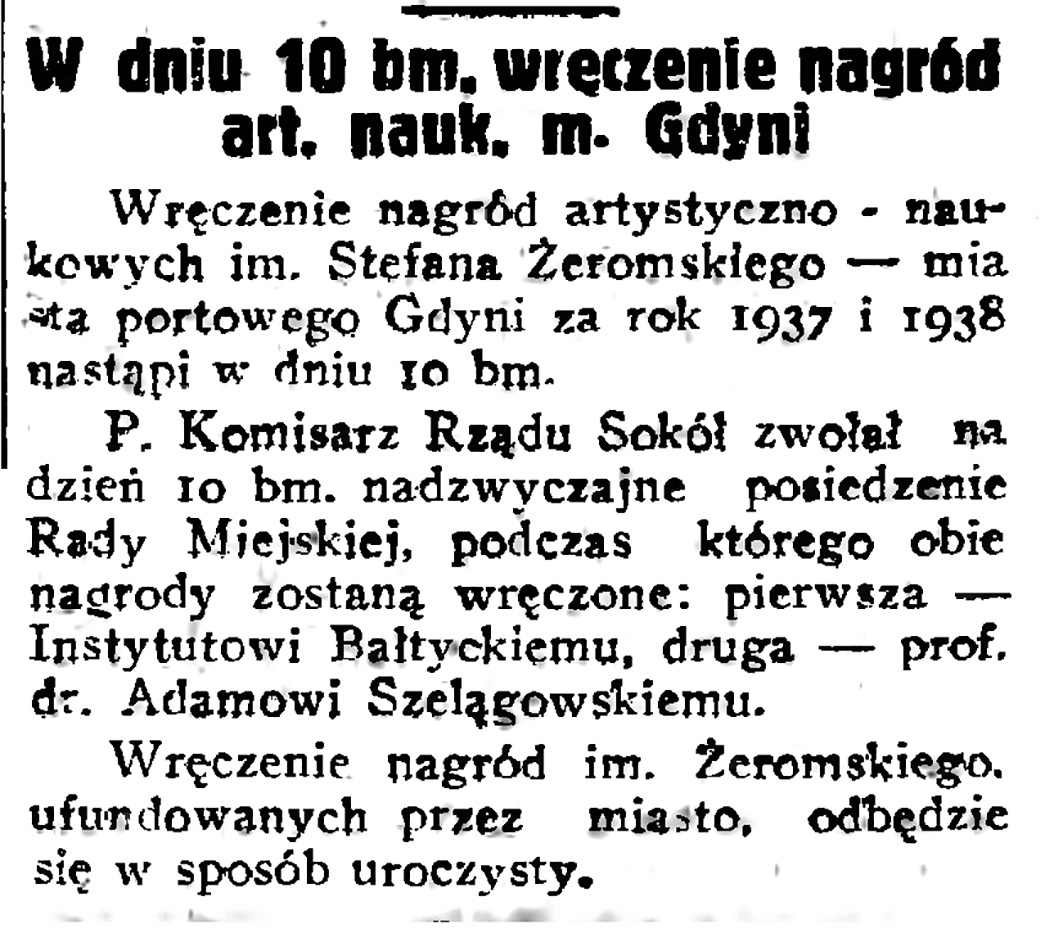 W dniu 10 bm. wręczenie nagród art. nauk. m. Gdyni // Gazeta Gdańska. - 1938, nr 25, 