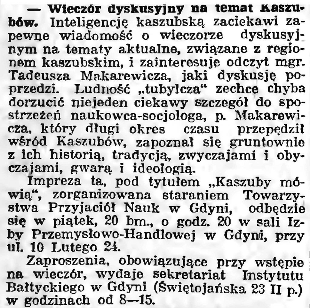 Wieczór dyskusyjny na temat Kaszubów // Gazeta Gdańska. - 1939, nr 10, s. 7