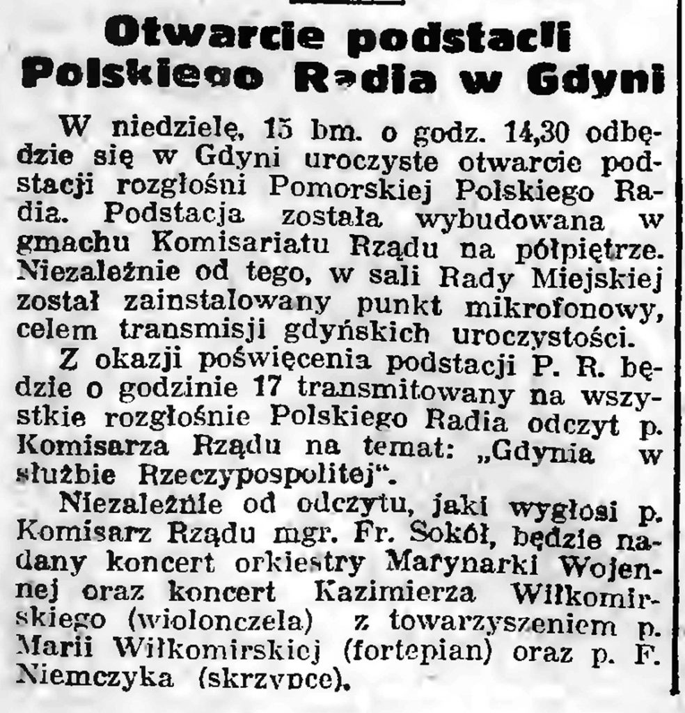 Otwarcie podstacji Polskiego Radia w Gdyni // Gazeta Gdańska. - 1939, nr 10, s. 7