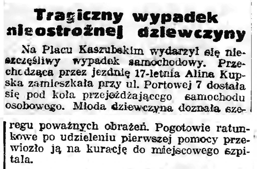 Tragiczny wypadek nieostrożnej dziewczyny // Gazeta Gdańska. - 1939, nr 10, s. 7