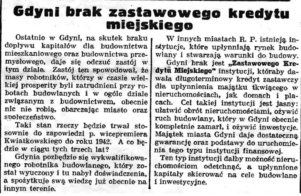 W Gdyni brak zastawowego kredytu miejskiego // Gazeta Gdańska. - 1939, nr 10, s. 7