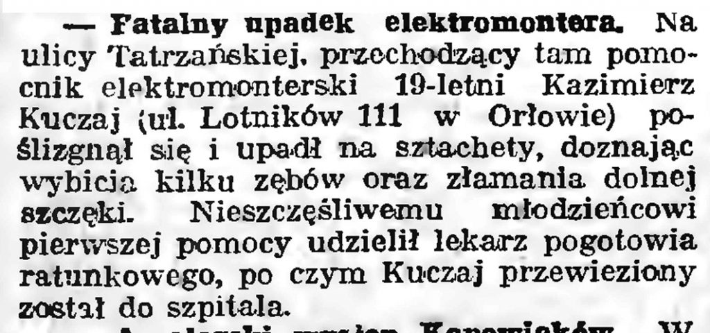 Fatalny wypadek elektromontera // Gazeta Gdańska. - 1939, nr 10, s. 7