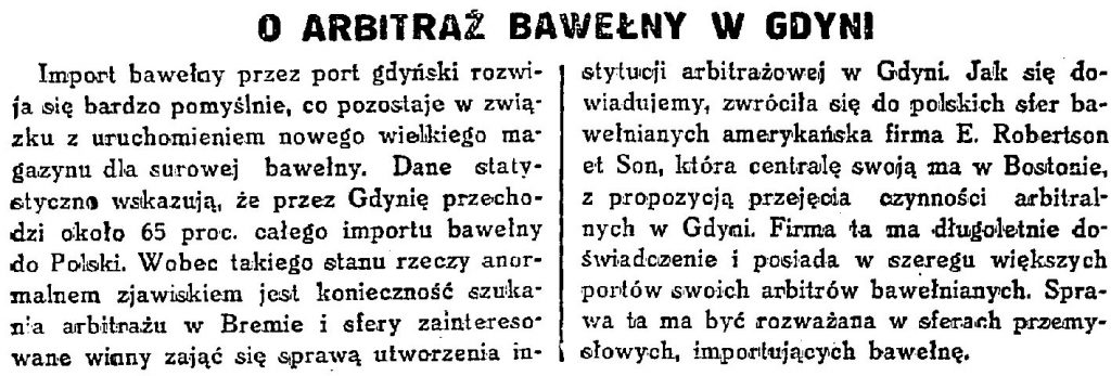 O arbitraż bawełny w Gdyni // Codzienna Gazeta Handlowa. - 1932, nr 240, s. 4