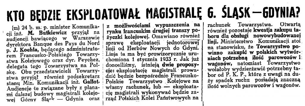 Kto będzie eksploatował magistralę G. Śląsk - Gdynia? / (m) // Codzienna Gazeta Handlowa. - 1932, nr 245, s. 2