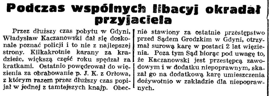 Podczas wspólnych libacyj okradał przyjaciela // Gazeta Gdańska. - 1939, nr 16, s. 7