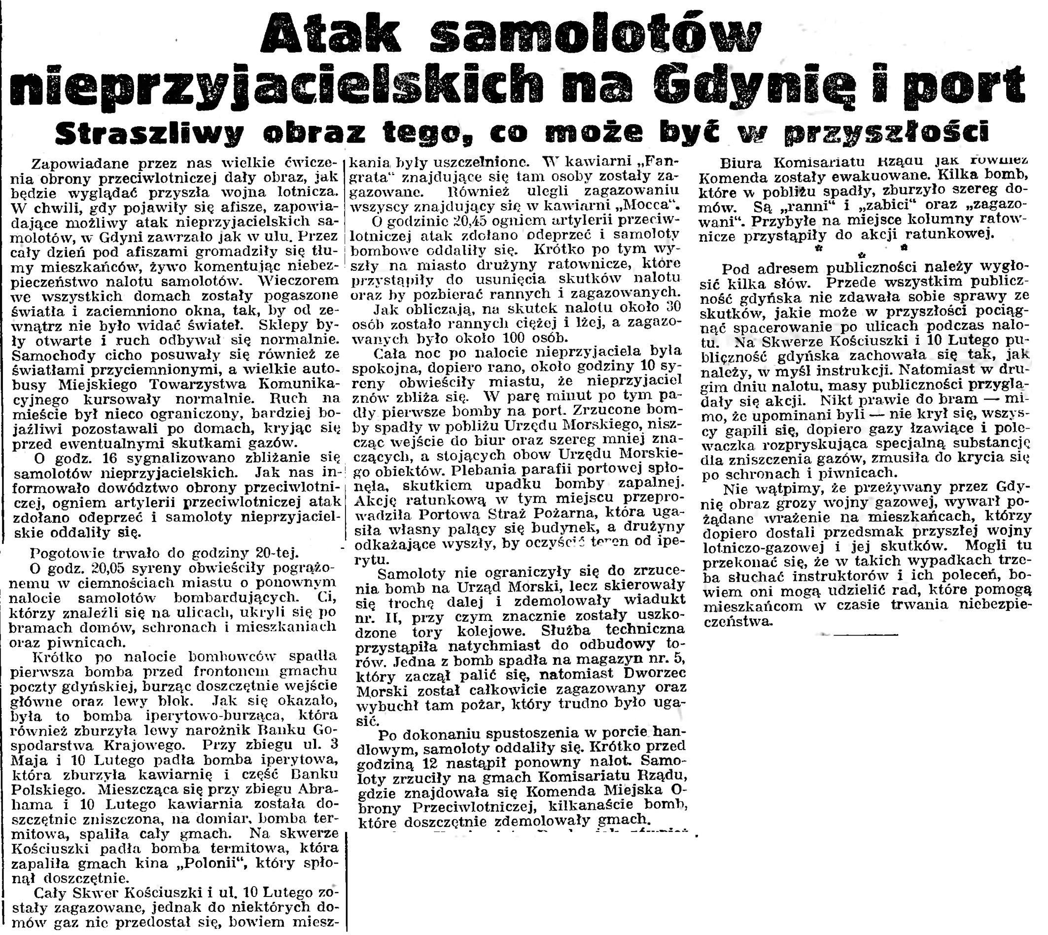 Atak samolotów nieprzyjacielskich na Gdynię i port. Straszliwy obraz tego, co może być w przyszłości // Gazeta Gdańska. - 19239, nr 12, s. 12