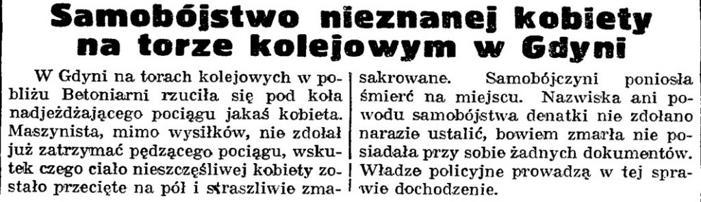 Samobójstwo nieznanej kobiety na torze kolejowym w Gdyni // Gazeta Gdańska. - 1939, nr 13, s. 6